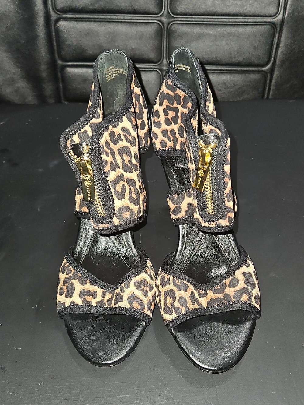 ISOLA Leopard Print Zip Front Heeled Sandals - Black & Brown Size 7